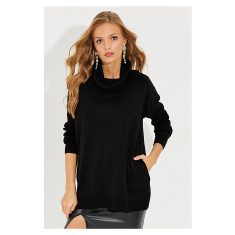 Cool & Sexy Women's Black Turndown Collar Pocket Knitwear Sweater YZ519