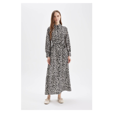 DEFACTO A-Line Patterned Shirt Collar Belted Long Sleeve Maxi Dress