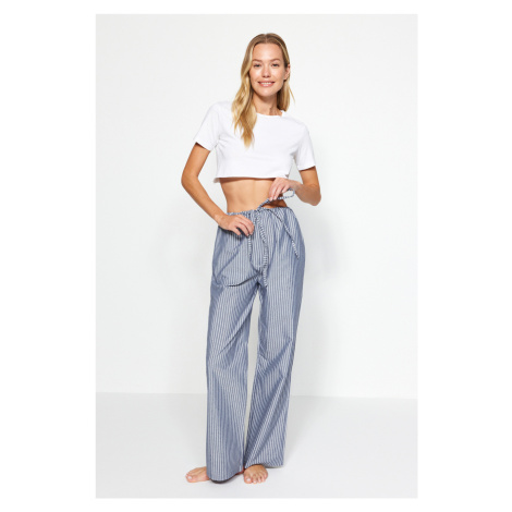 Trendyol Premium Blue Striped Lacing Detailed Viscose Wide Fit Woven Pajama Bottoms