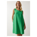 Happiness İstanbul Women's Dark Green Sleeveless Linen Viscose A-Line Dress