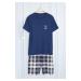 Trendyol Navy Blue Plaid Patterned Printed Regular Fit Knitted Summer Pajama Set with Shorts TMN