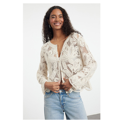 Trendyol Ecru 100% Cotton Crochet Detailed Floral Knitted Cardigan