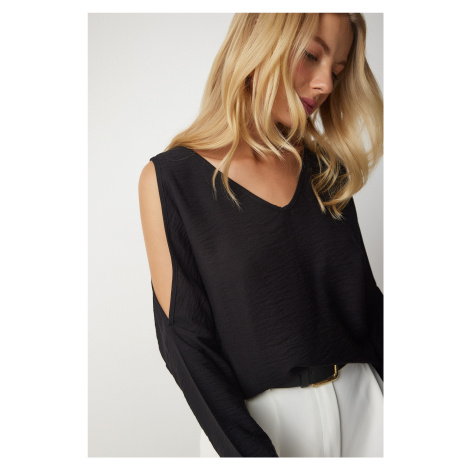 Happiness İstanbul Women's Black Off-the-Shoulder Release-Length Flowy Aerobatic Blouse