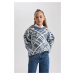 DEFACTO Girl's Crew Neck Patterned Knitwear Sweater