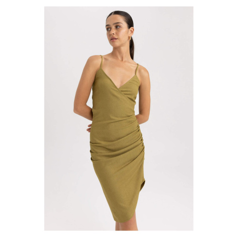 DEFACTO Bodycon Wrap Collar Sleeveless Midi Short Sleeve Knitted Dress