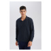 DEFACTO Navy Blue Regular Fit Polo Neck Jacquard Knitwear Sweatshirt