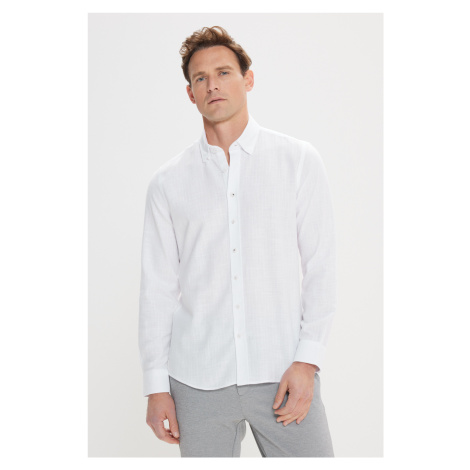 AC&Co / Altınyıldız Classics Men's White Slim Fit Slim Fit Hidden Button Collar Linen Look 100% 