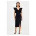 Trendyol Black Lined Ruffle Detailed Woven Elegant Evening Dress