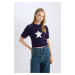 DEFACTO Coool Fitted Crew Neck Star Printed Short Sleeve Plush Sweater