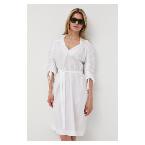 Bavlnené šaty BOSS biela farba, mini, áčkový strih Hugo Boss