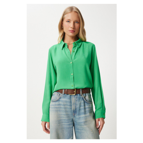 Happiness İstanbul Women's Green Relaxed Fit Viscose Shirt