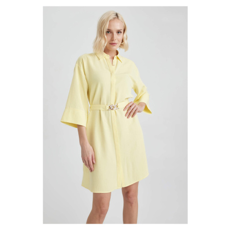 DEFACTO Shirt Collar Linen Blend Mini Long Sleeve Dress