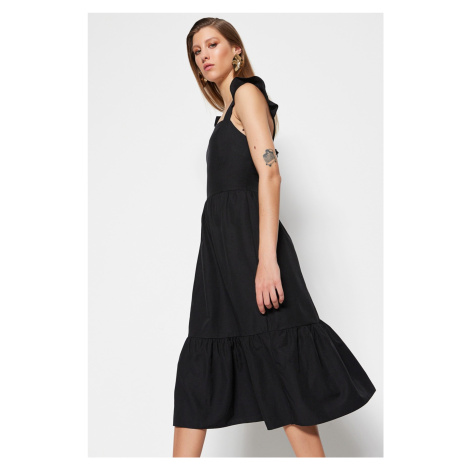 Trendyol Black Straight Cut Midi Woven Ruffle Detailed Woven Dress