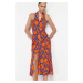 Trendyol Orange Floral Viscose Midi Woven Dress with Shirt Collar