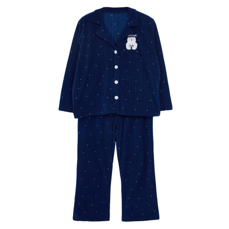 Trendyol Curve Navy Blue Polka Dot Shirt Collar Knitted Pajama Set