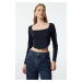 Trendyol Navy Blue Piping Detailed Square Neck Fitted Crop Interlock Knitted Blouse