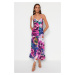 Trendyol Multicolored Flower Print Straight Cut Strap Midi Satin Woven Dress