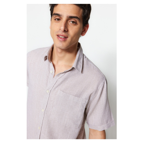 Trendyol Brown Men's Relax Fit Linen Textured Shirt Collar Single Pocket Short Sleeve Straw Line