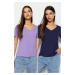 Trendyol Navy Blue-Lilac 100% Cotton Pack of 2 Basic V-Neck Knitted T-Shirt