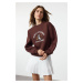 Trendyol Brown Thick Polar Fleece Western Printed Regular Cut Knitted Sweatshirt