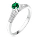 Prsteň so zeleným zirkónom v kotlíku, číre kamienky, striebro 925 - Veľkosť: 54 mm