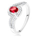 Prsteň s oválnym červeným kameňom, zvlnené zirkónové ramená, striebro 925 - Veľkosť: 60 mm