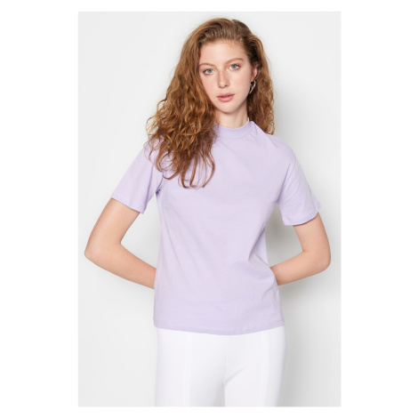 Trendyol Lilac 100% Cotton Basic Stand Collar Knitted T-shirt