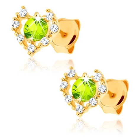 Zlaté náušnice 9K v tvare srdca so zeleným olivínom a čírymi zirkónmi