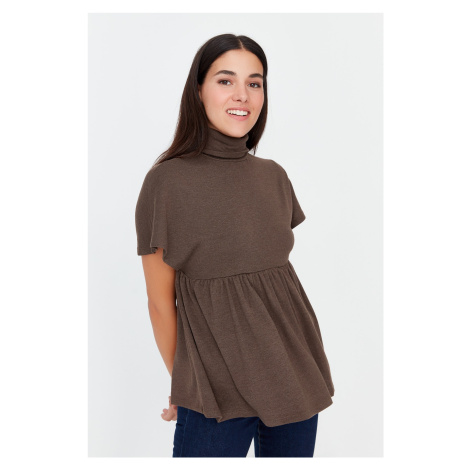 Trendyol Brown Stand-Up Collar Short Sleeves Relaxed/Wide, Comfortable Fit Knitted Blouse