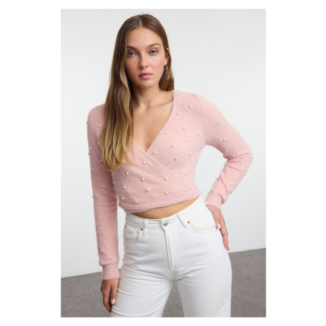 Trendyol Dusty Rose Super Crop Hairy Pearl Detailed Knitwear Sweater