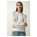 Happiness İstanbul Women's Yellow Blue Patterned Soft Textured Knitwear Sweater