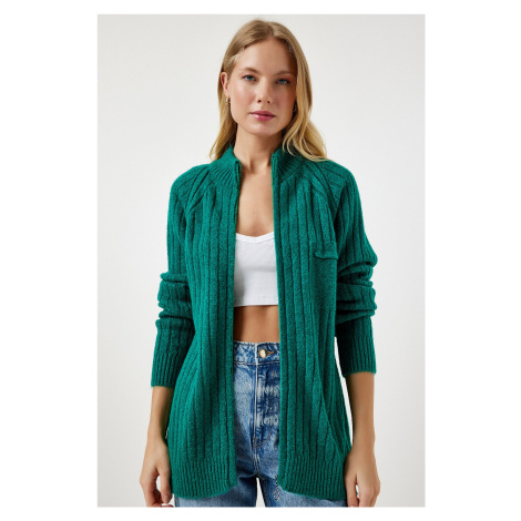 Happiness İstanbul Women's Dark Green Zippered Knitwear Cardigan