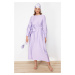 Trendyol Lilac Wide Belted Zipper Cuff Woven Linen Look Dress