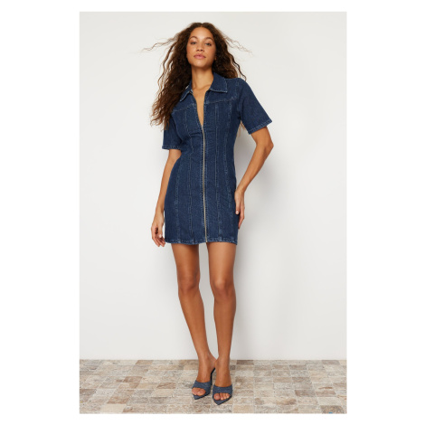 Trendyol Dark Blue Zippered Fitted Mini Denim Dress