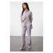 Trendyol Lilac Linen Blend High Waist Striped Wide Leg Trousers