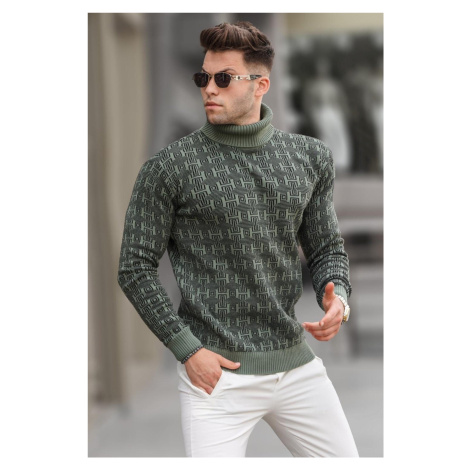 Madmext Oil Green Patterned Turtleneck Knitwear Sweater 5768