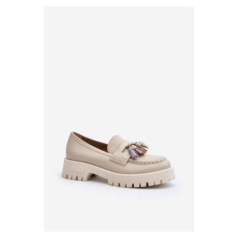 Women's leather loafers with fringes CheBello beige