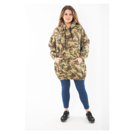 Şans Women's Plus Size Khaki Casual Fit Camouflage Patterned Hooded Kangaroo Pocket Long Sweatsh