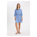 DEFACTO Shirt Collar Gingham Buttoned Waist Tie Seersucker Textured Long Sleeve Mini Dress