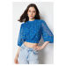 Trendyol Blue Floral High Collar Crop Woven Blouse