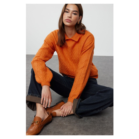 Trendyol Orange Wide Fit Soft Textured Hair Braided Knitwear Sweater