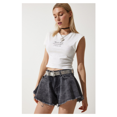 Happiness İstanbul Women's Anthracite Tasseled Mini Denim Shorts