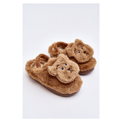 Children's fur slippers with teddy bear, brown Dicera