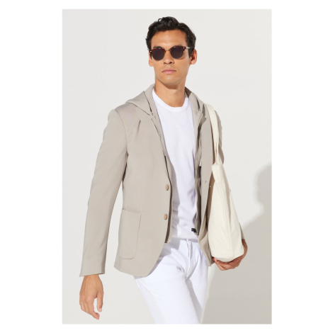 ALTINYILDIZ CLASSICS Men's Beige Slim Fit Slim Fit Mono Collar Cotton Patterned Blazer Jacket