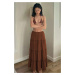 Madmext Women's Brown Basic Pleated Long Skirt