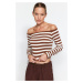 Trendyol Brown With Soft Fabric Striped Carmen Collar Fitted/Slippery Knitted Blouse