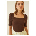 Happiness İstanbul Women's Brown Square Collar Corduroy Crop Blouse