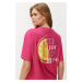 Trendyol Fuchsia Pink 100% Cotton Back and Front Printed Oversize/Comfortable Fit Knitted T-Shir