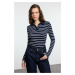 Trendyol Navy Blue More Sustainable Striped Button-Down Collar Knitted Blouse