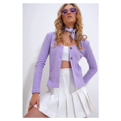 Trend Alaçatı Stili Women's Lilac V-Neck Buttoned Front Interlock Cardigan